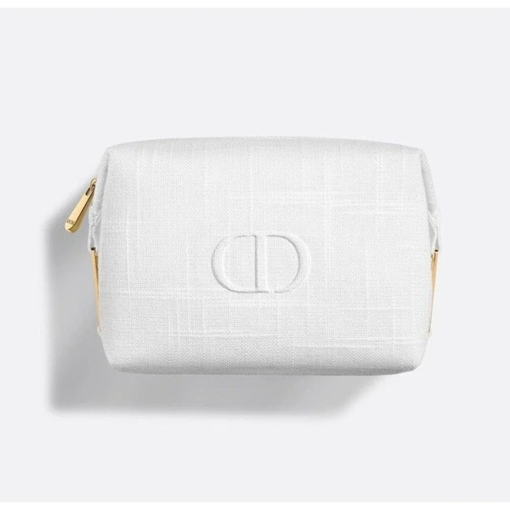 Dior White Quilted Zipper Cosmetic Makeup Bag Pouch CD Logo with Dior Box